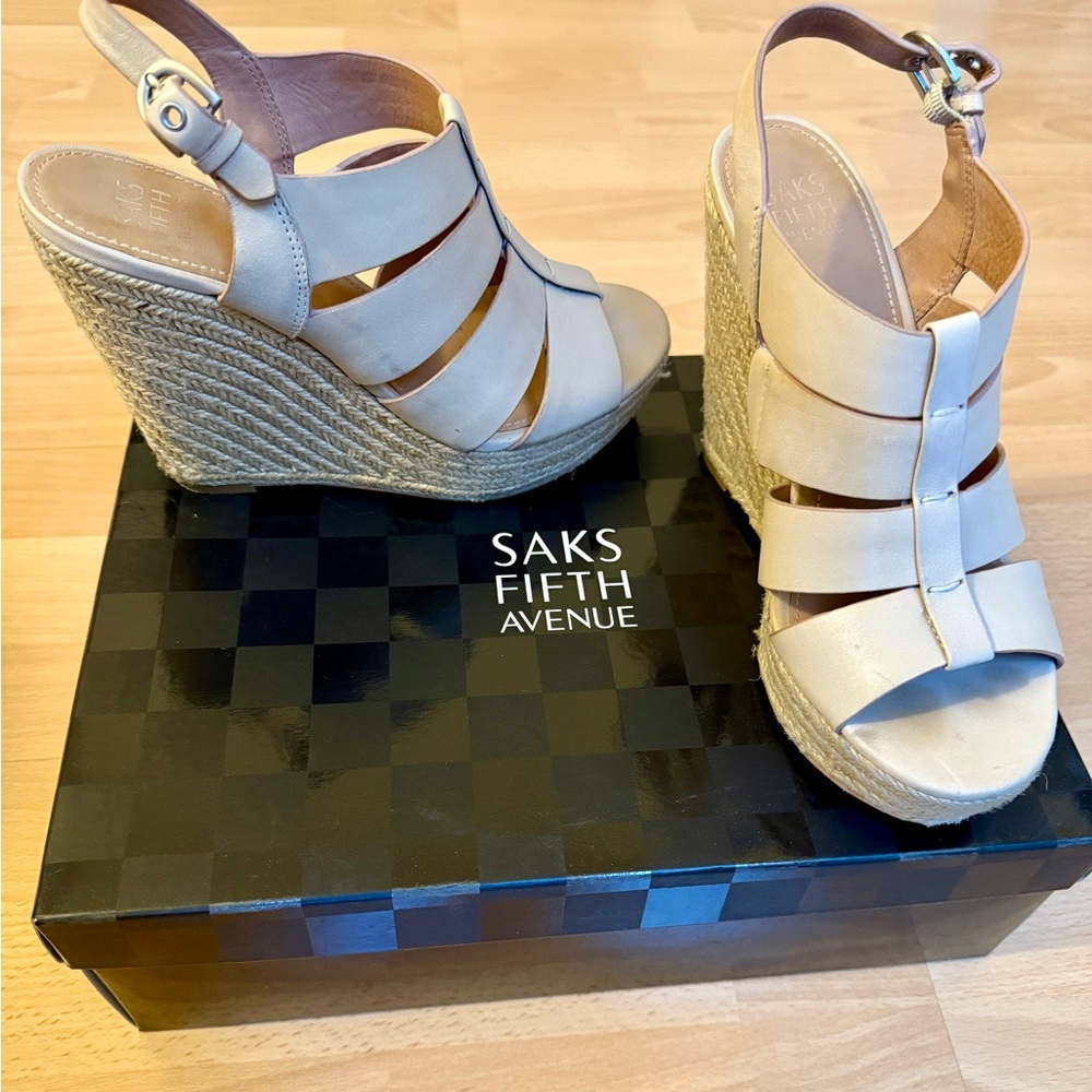 Saks Fifth Avenue Leather Nude Beige Platform Wedge Espadrille Sandals US 7